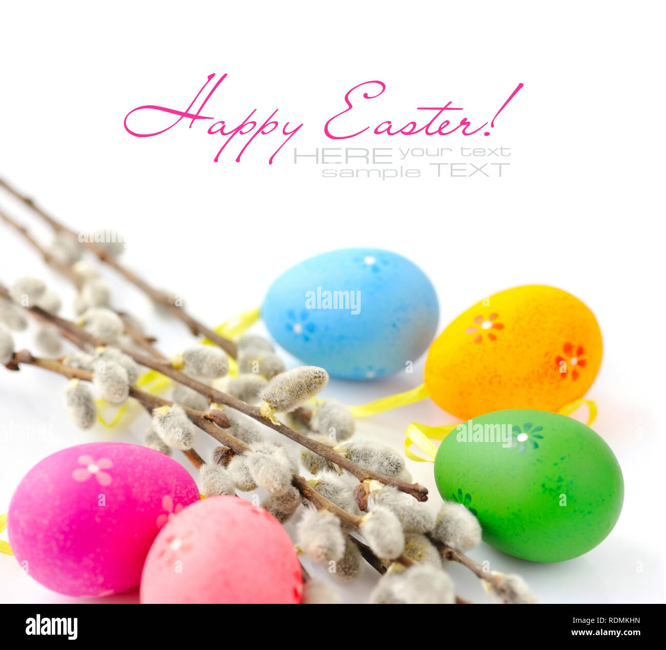 Colorful easter eggs and branches of willow on white background Stock ...