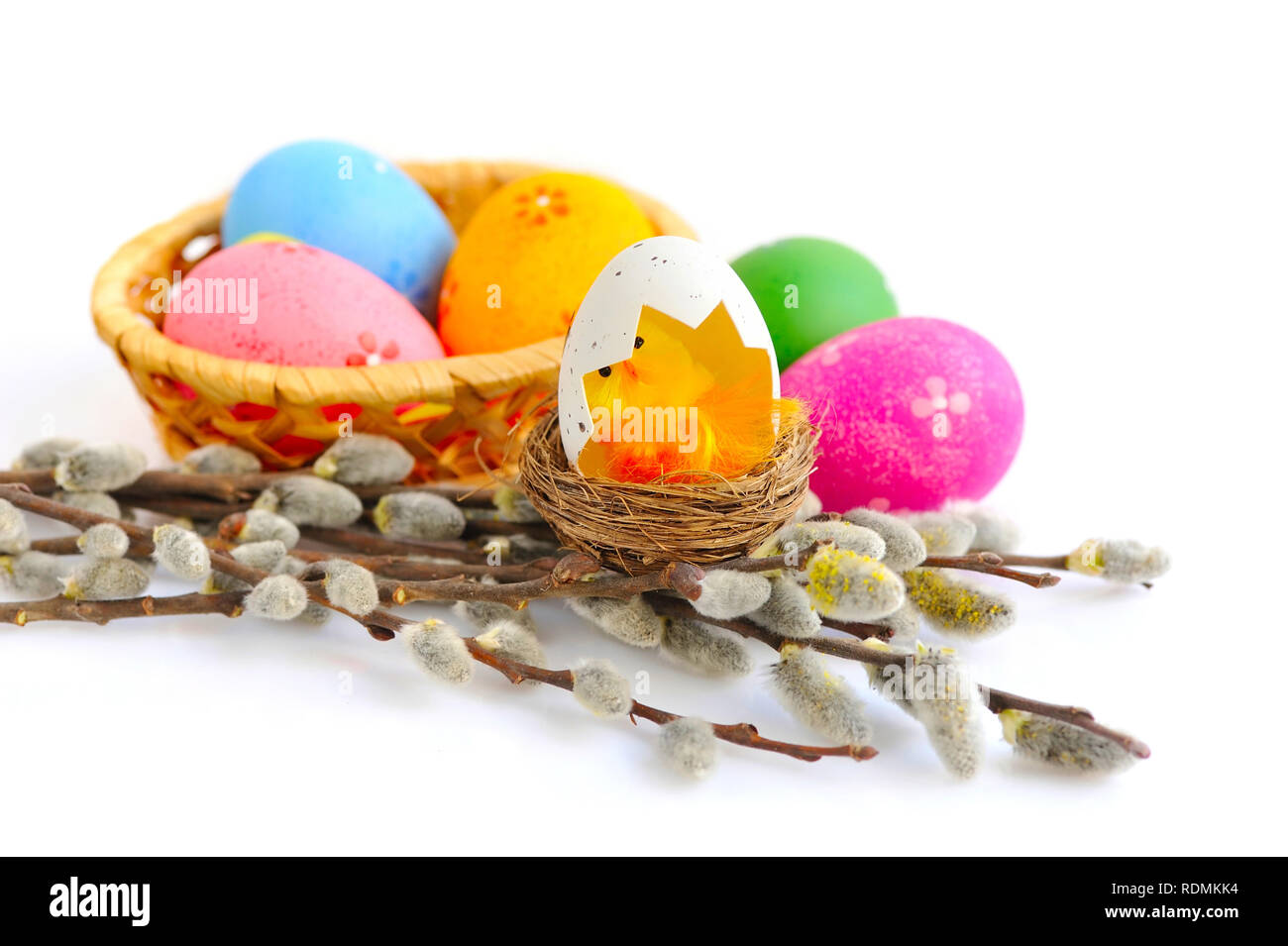Colorful easter eggs and branches of willow on white background Stock ...