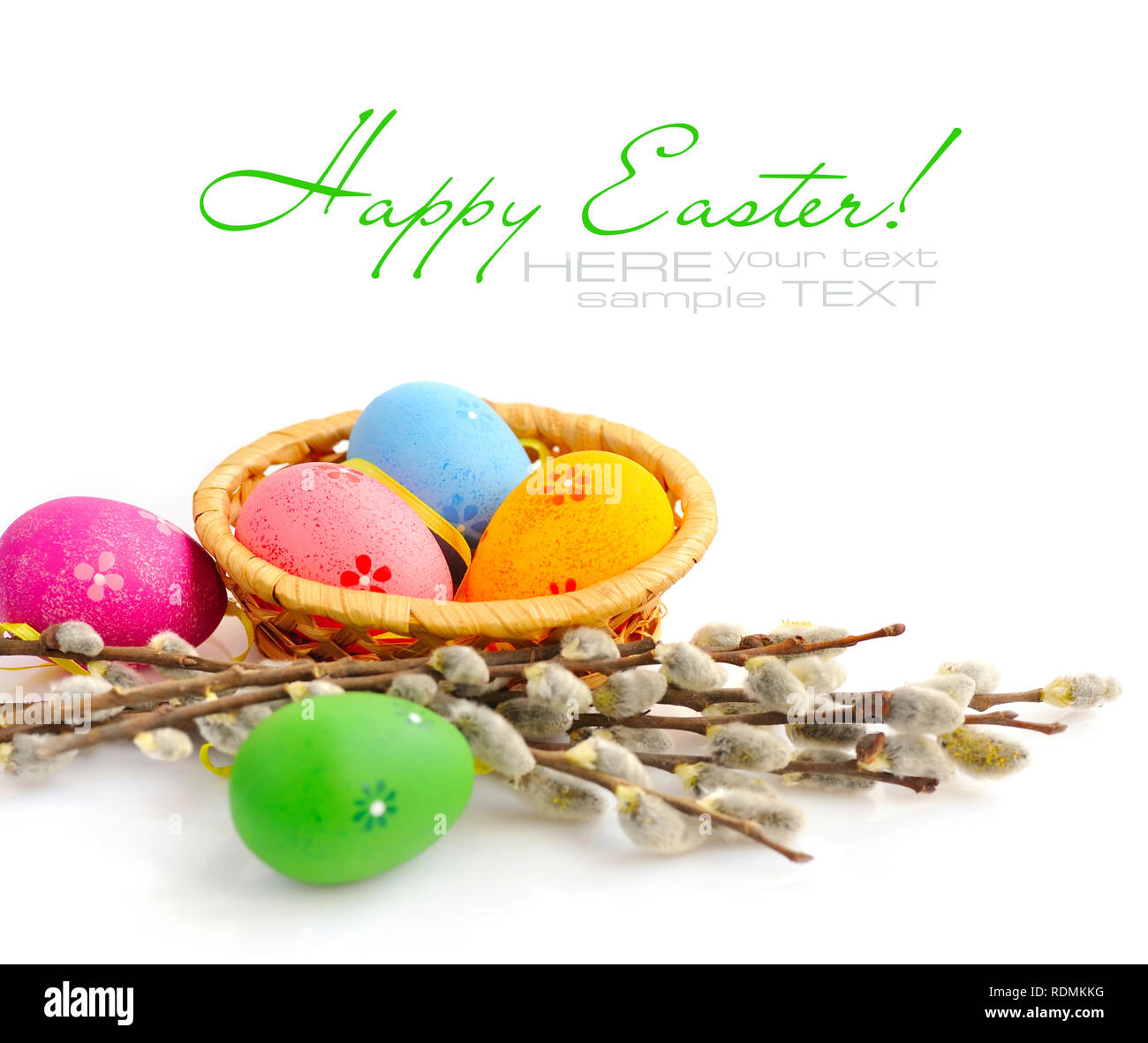 Colorful easter eggs and branches of willow on white background Stock ...