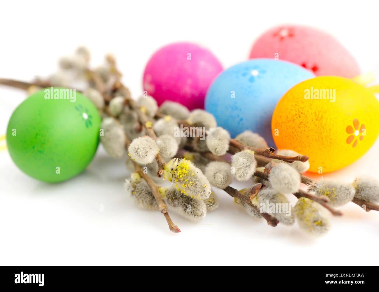 Colorful easter eggs and branches of willow on white background Stock ...