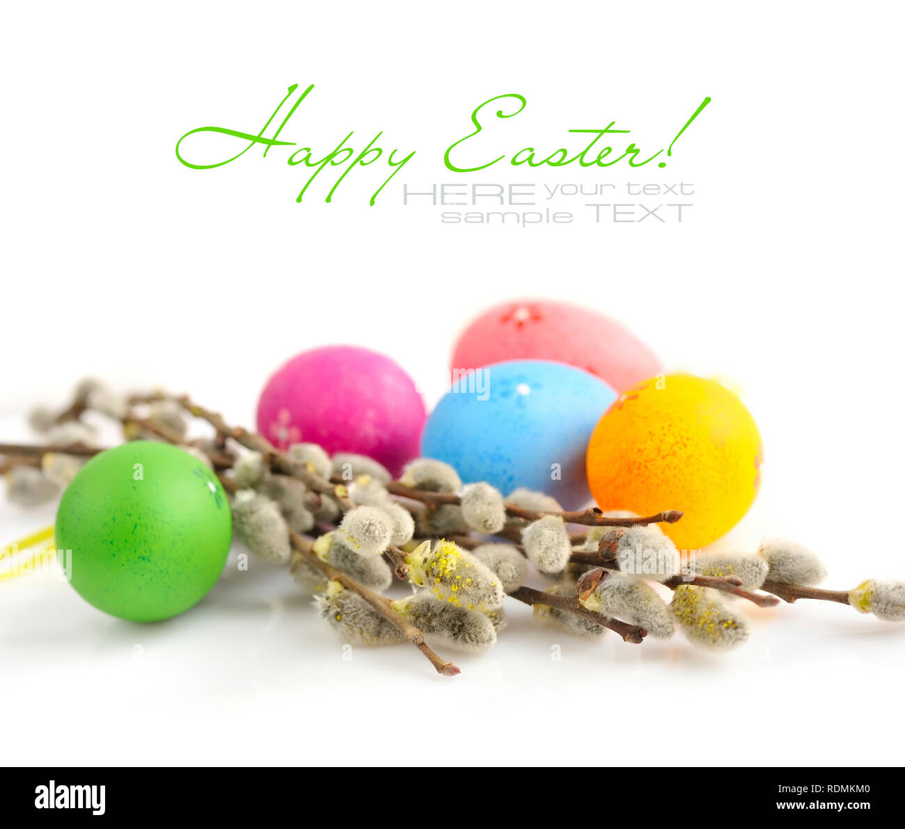 Colorful easter eggs and branches of willow on white background Stock ...