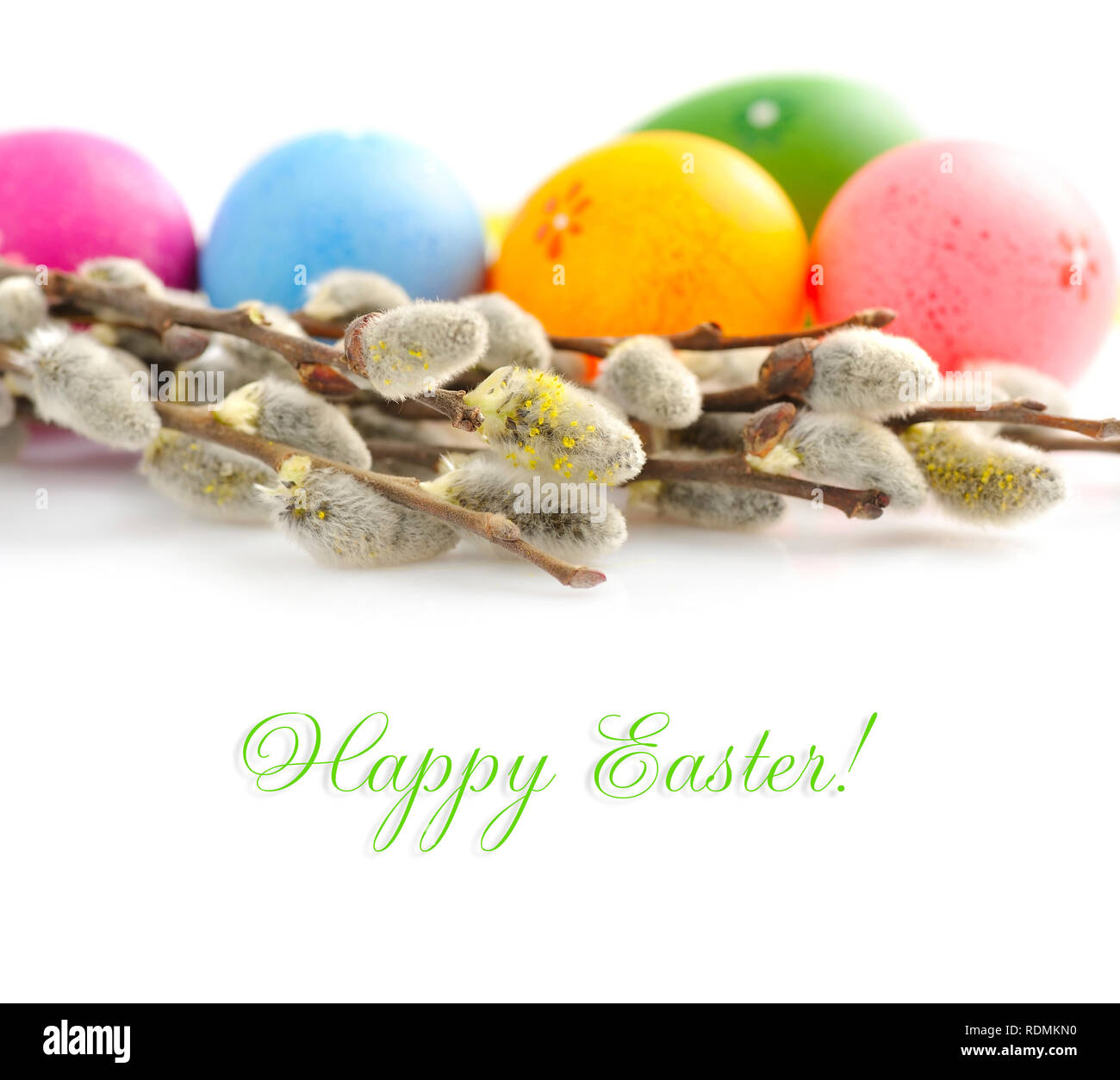 Colorful easter eggs and branches of willow on white background Stock ...
