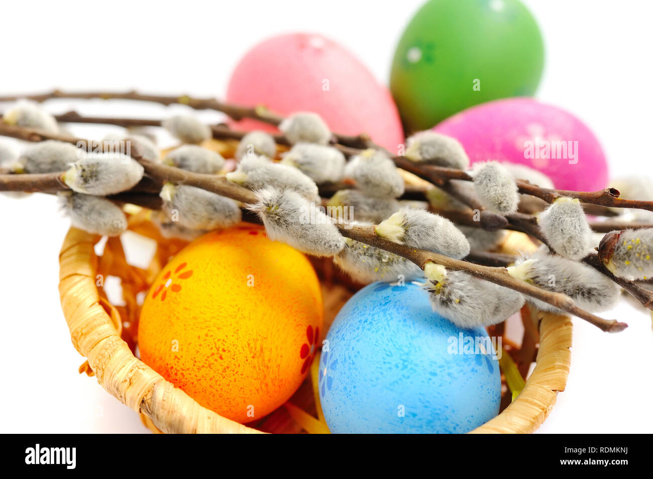 Colorful easter eggs and branches of willow on white background Stock ...