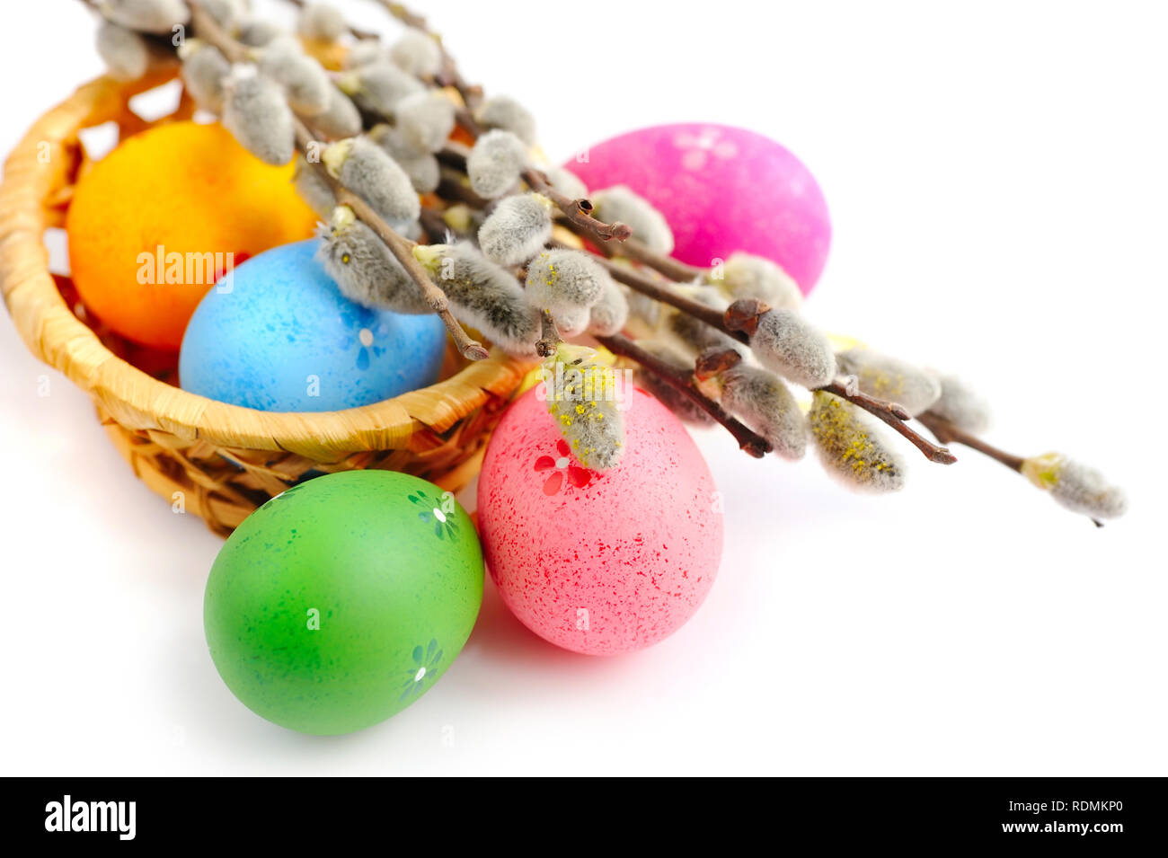 Colorful easter eggs and branches of willow on white background Stock ...