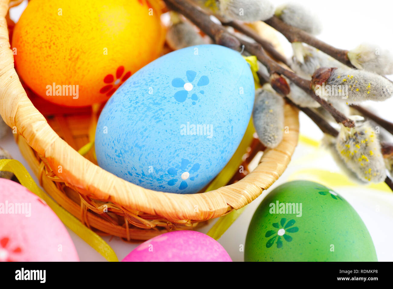 Colorful easter eggs and branches of willow on white background Stock ...