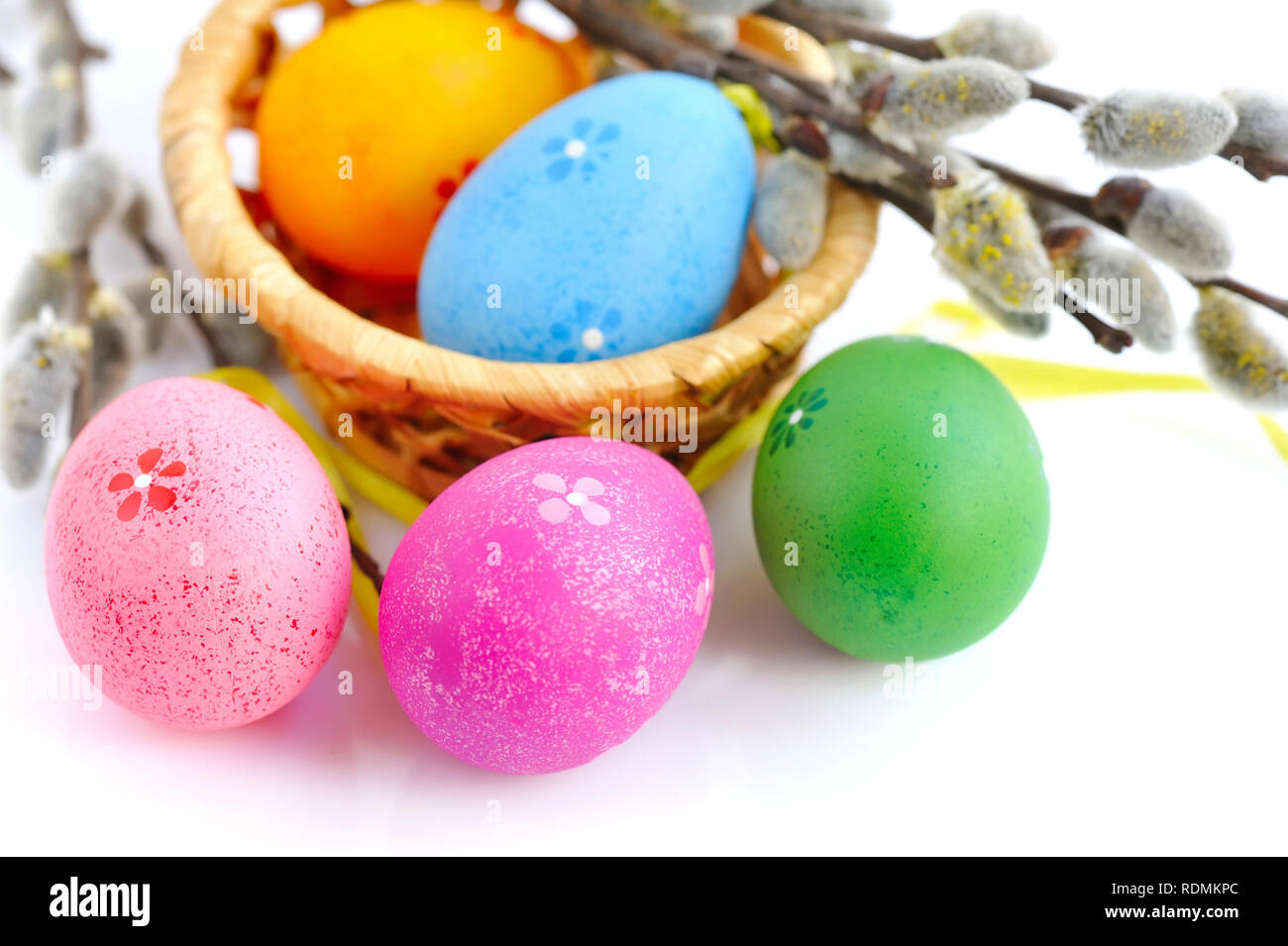 Colorful easter eggs and branches of willow on white background Stock ...