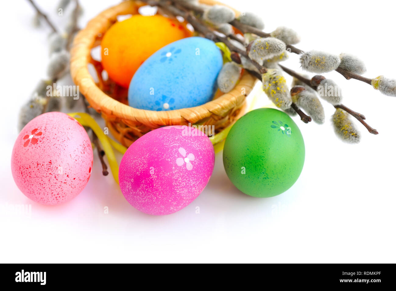 Colorful easter eggs and branches of willow on white background Stock ...