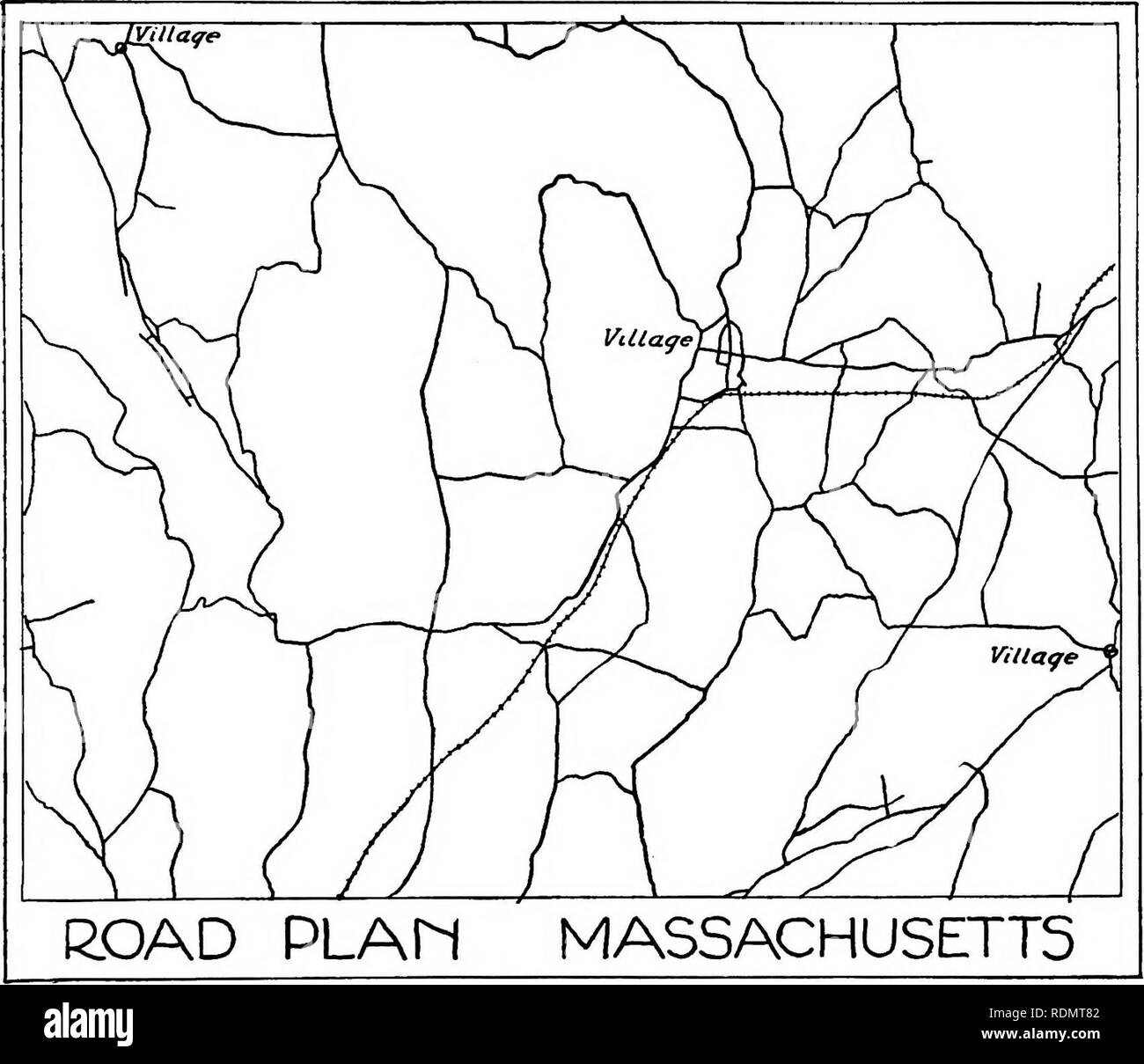 . Textbook of landscape gardening, designed especially for the use of non-professional students. Landscape gardening. COUNTRY ROAD SYSTEMS. Fig. 113. Typical Section of New England Roads the road system ought to be roughly proportionate to the density of population. The arbitrary location of these roads on section lines often places them on disadvantageous terrain when even a small shift in one direction or another would have placed the road on much easier grade or would avoid bad cuts and fills or bridges. Another serious defect of the checker-board system is the lack of diagonal lines. This  Stock Photo