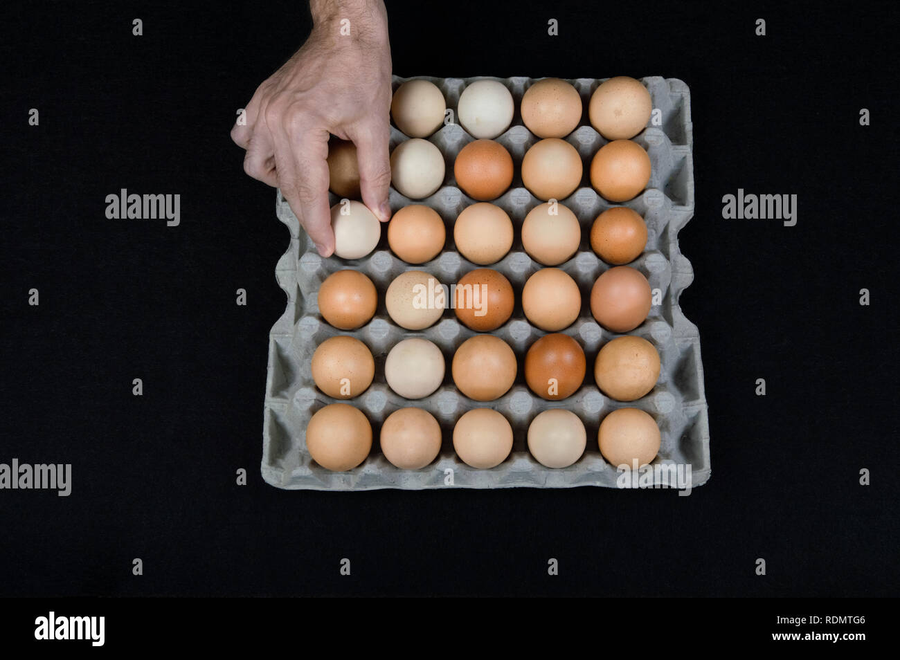 Male hand taking one egg from cardboard egg box on black felt background. Stock Photo