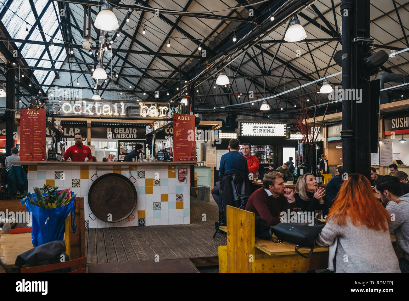 London, UK - January 13, 2019: People at Spanish food stand in Mercato Metropolitano, the first sustainable community market in London focused on revi Stock Photo