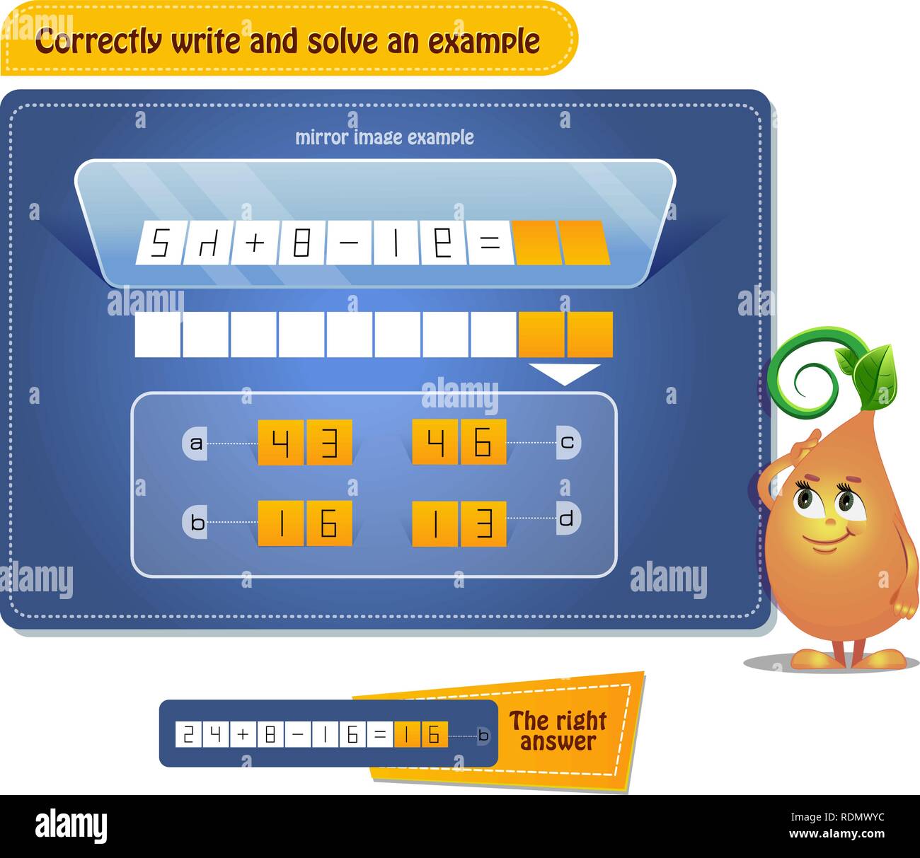 educational game for kids, puzzle. development of spatial thinking in children. Task game correctly write and solve an example ( mirror reflection) Stock Vector