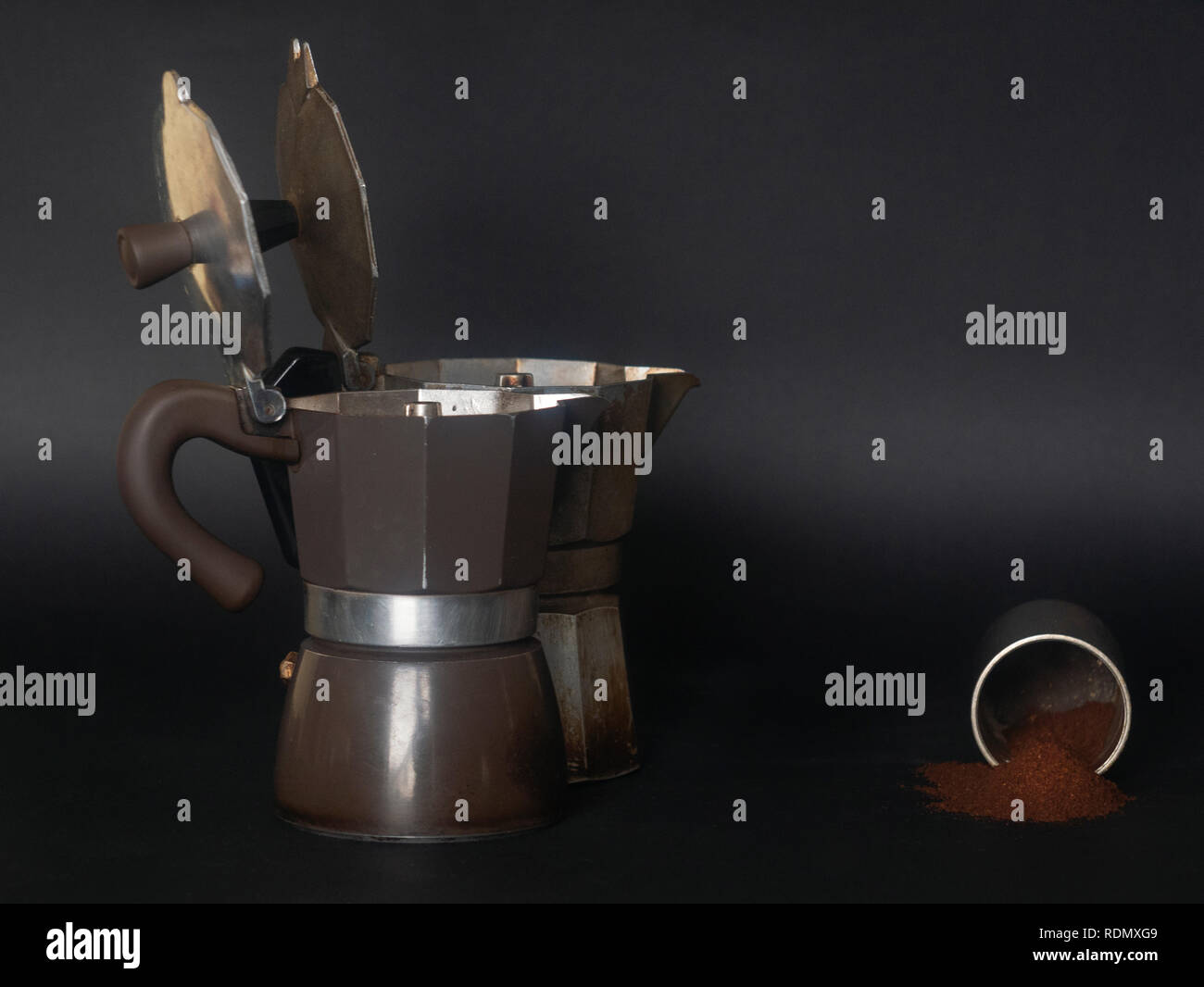 Moka coffee makers. Coffee grinder and coffee Stock Photo