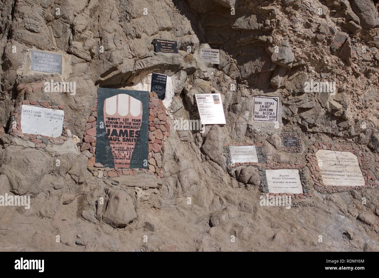 Memorial plaques to divers who died at Blue Hole, Egypt Stock