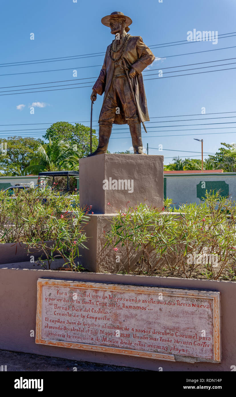 San Miguel de Cozumel - December 21 This statue of Juan de Grijalva who discovered Cozumel in 1518 is located on Ave. Rafael E. Melgar. Stock Photo