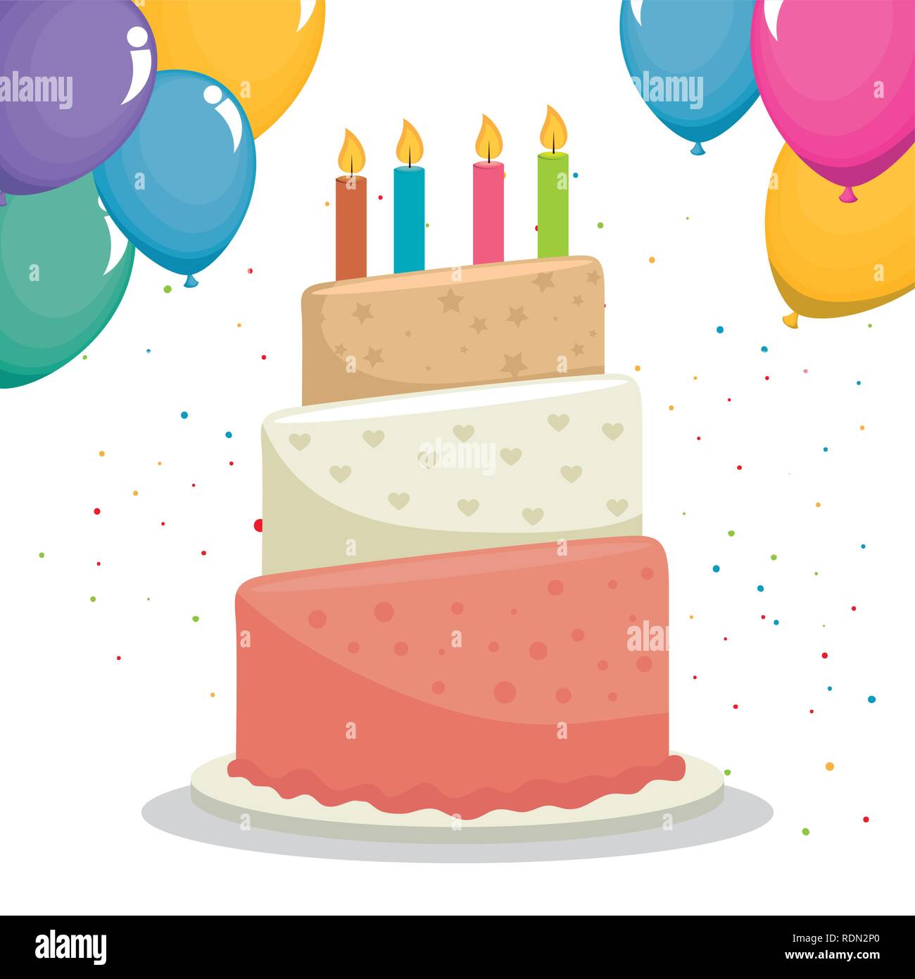 sweet cake and balloons helium birthday celebration vector illustration ...