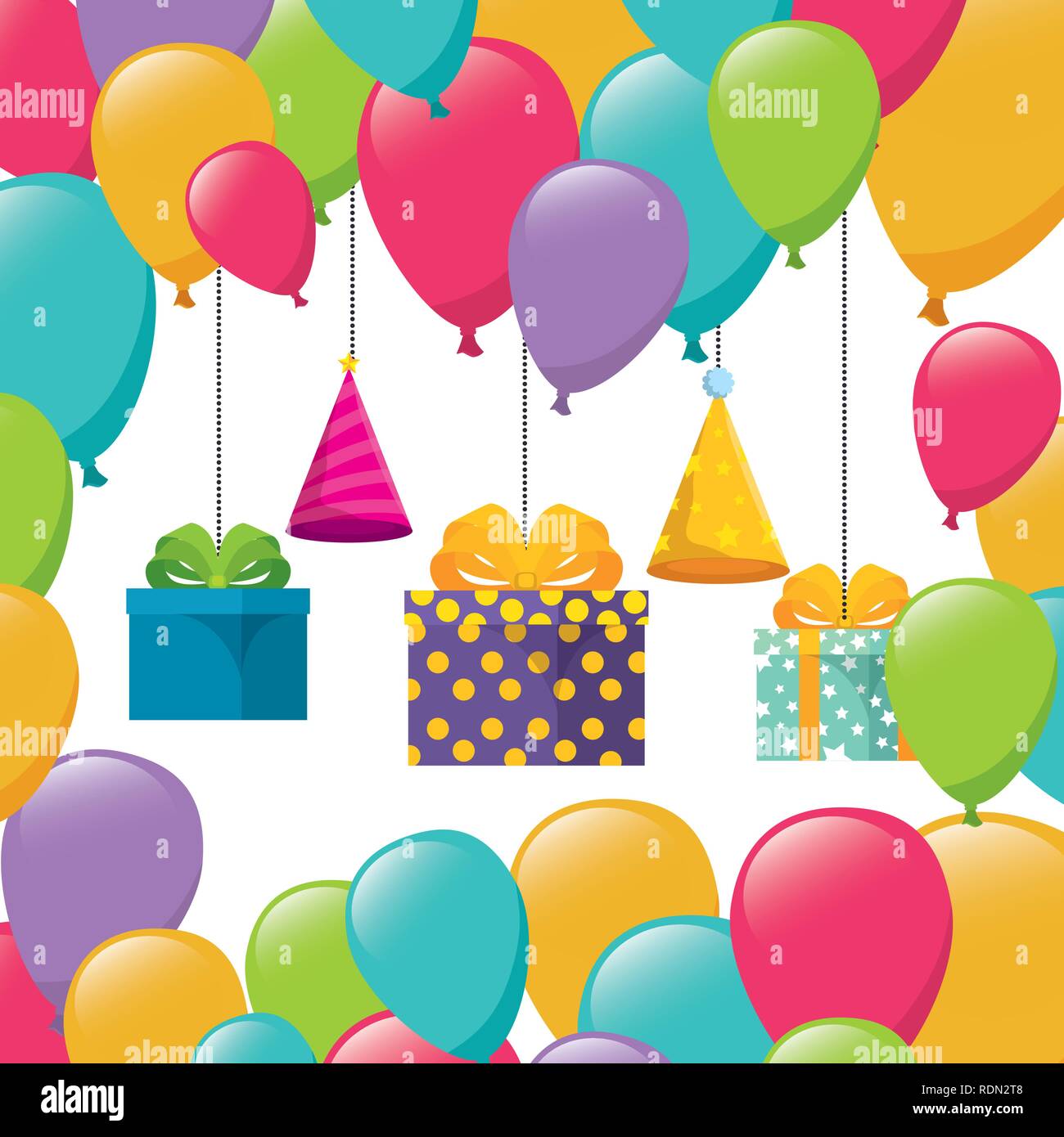 birthday celebration with gifts and balloons helium vector illustration ...