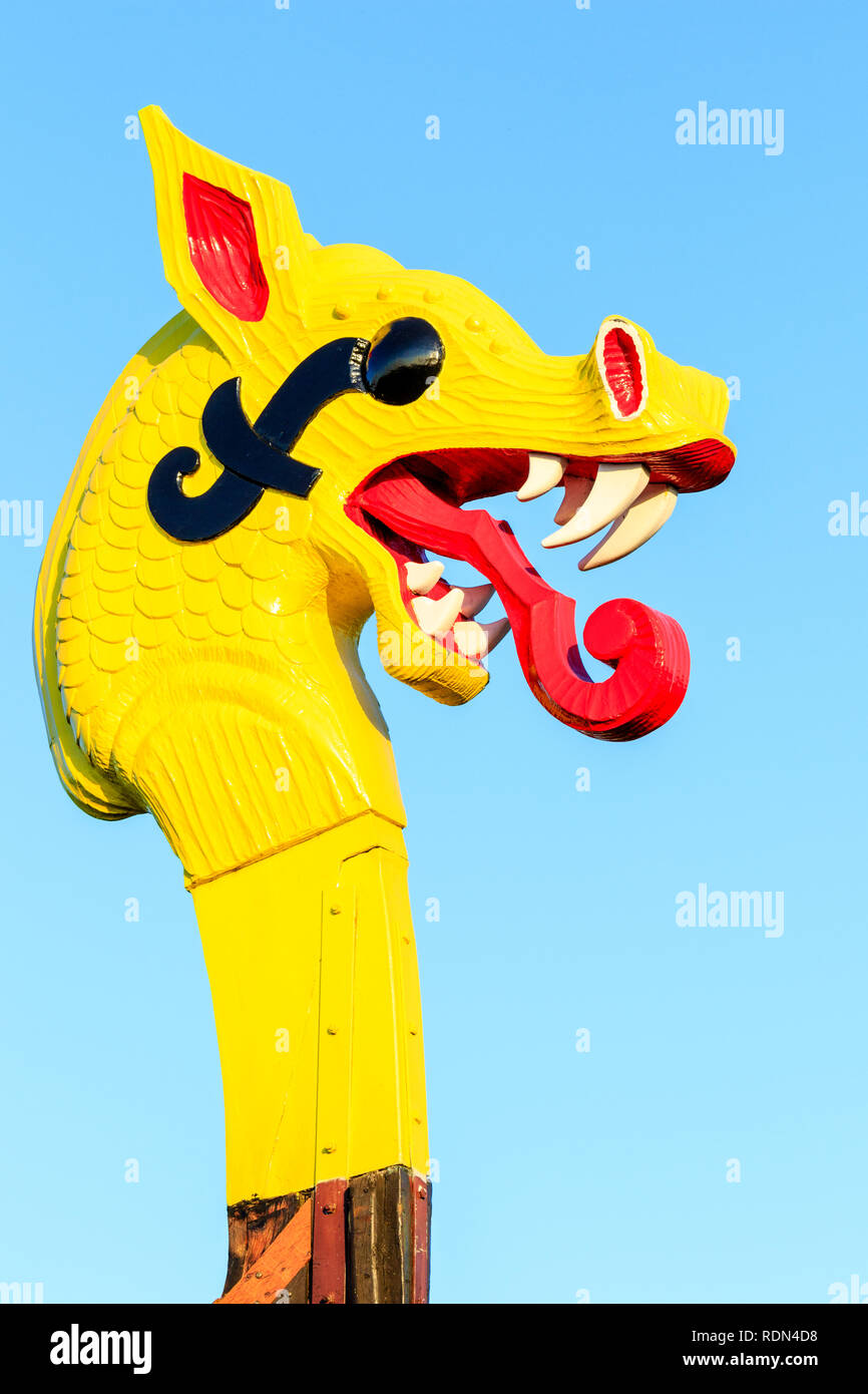 The Viking ship, the Hugin, at Pegwell Bay. Reconstructed long boat on display stand. Replica of