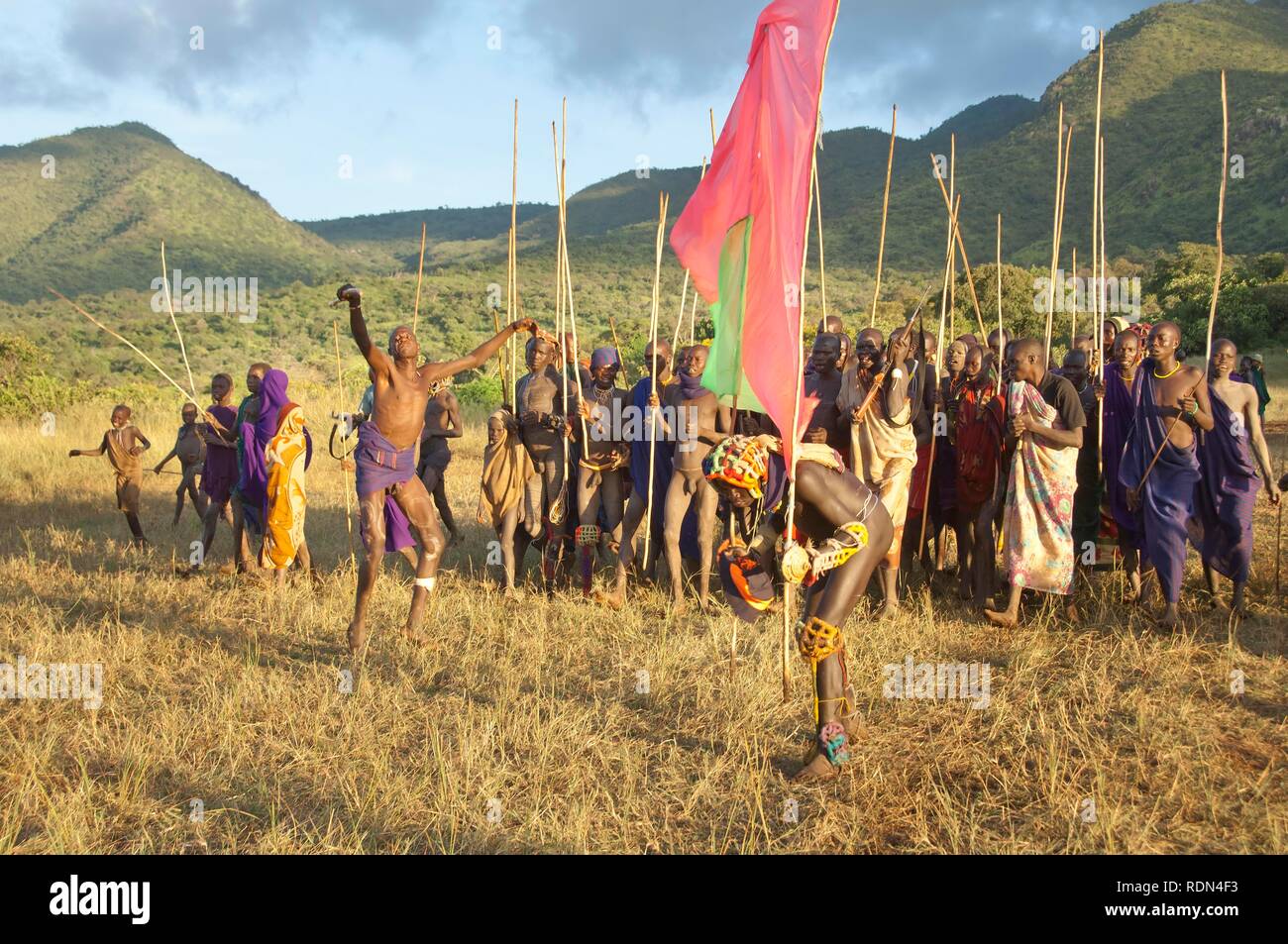 Donga stick fight ceremony, Surma tribe, Tulgit, Omo River Valley, Ethiopia, Africa Stock Photo