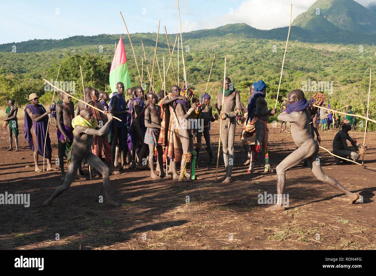 Donga stick fighters, Surma tribe, Tulgit, Omo River Valley, Ethiopia, Africa Stock Photo