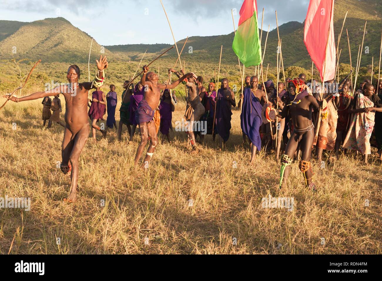 Donga stick fight ceremony, Surma tribe, Tulgit, Omo River Valley, Ethiopia, Africa Stock Photo