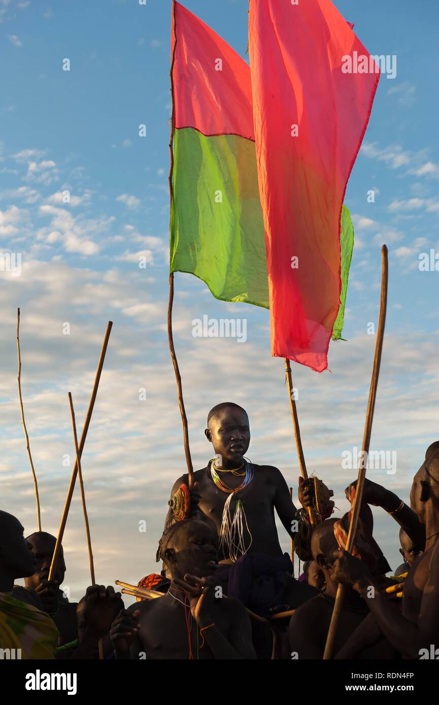 Donga stick fight ceremony, Surma tribe, Tulgit, Omo River Valley, Ethiopia, Africa Stock Photo