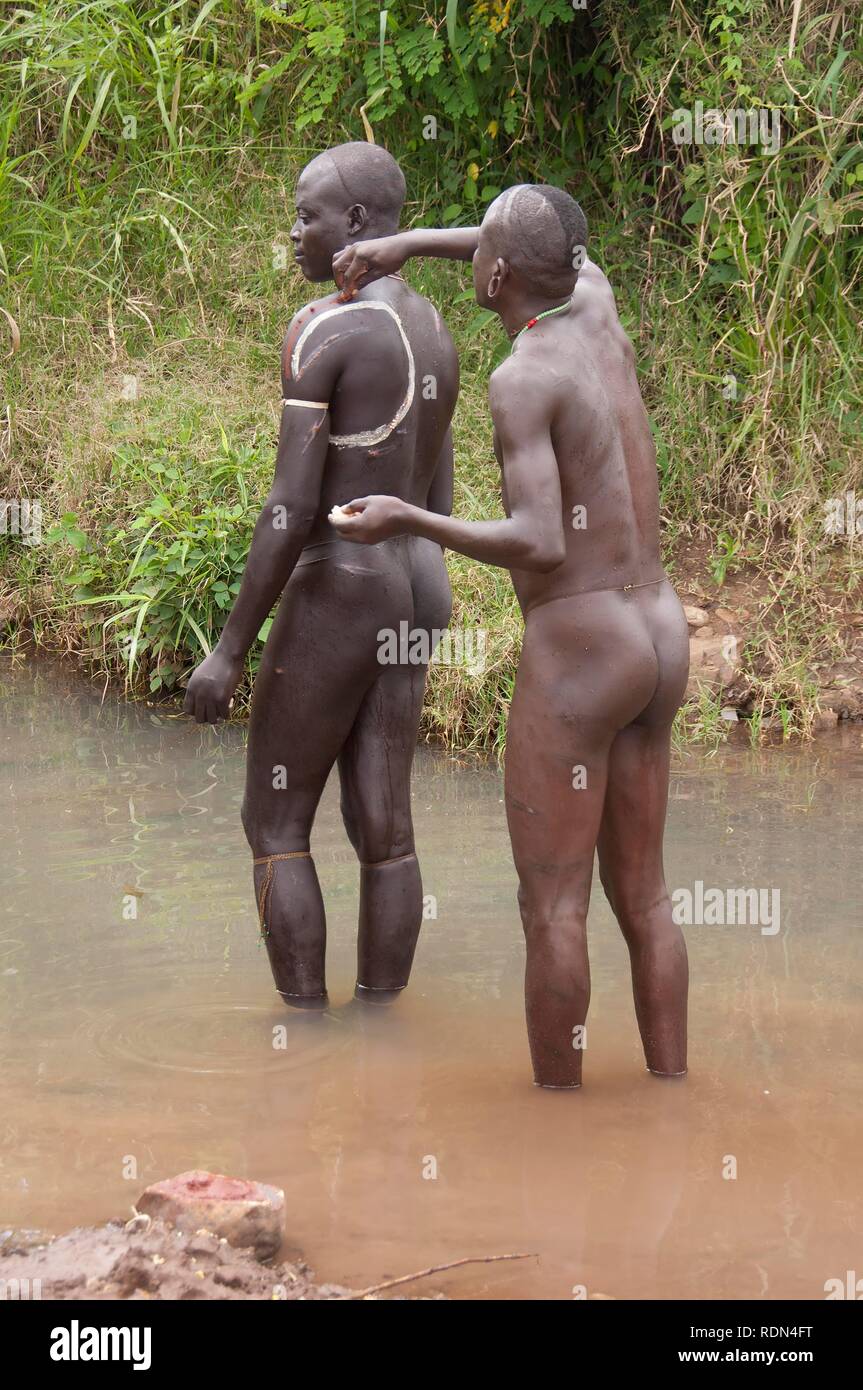 Before the Donga stick fight, the Surma warriors apply a body paint made of clay and mineral on their bodies, Surma tribe Stock Photo