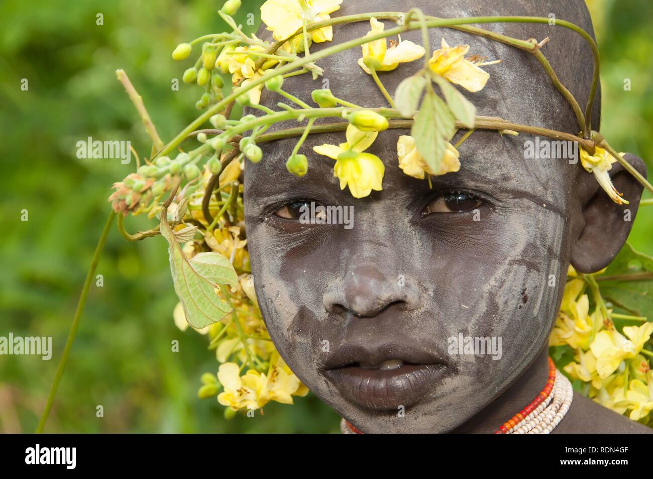 Surma child with facial painting, Tulgit, Omo River Valley, Ethiopia, Africa Stock Photo