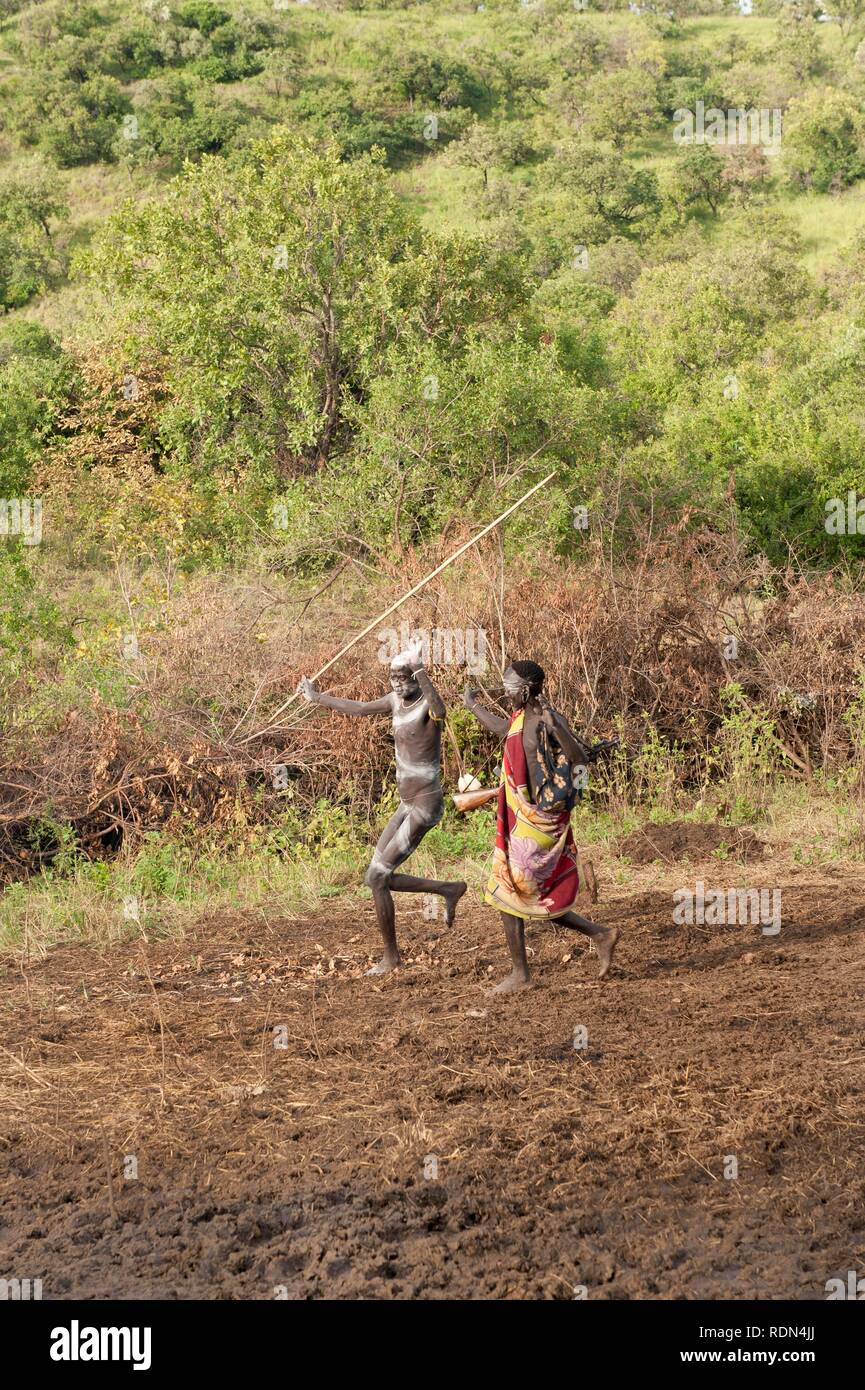 Exercising Surma Donga fighter, Tulgit, Omo River Valley, Ethiopia, Africa Stock Photo