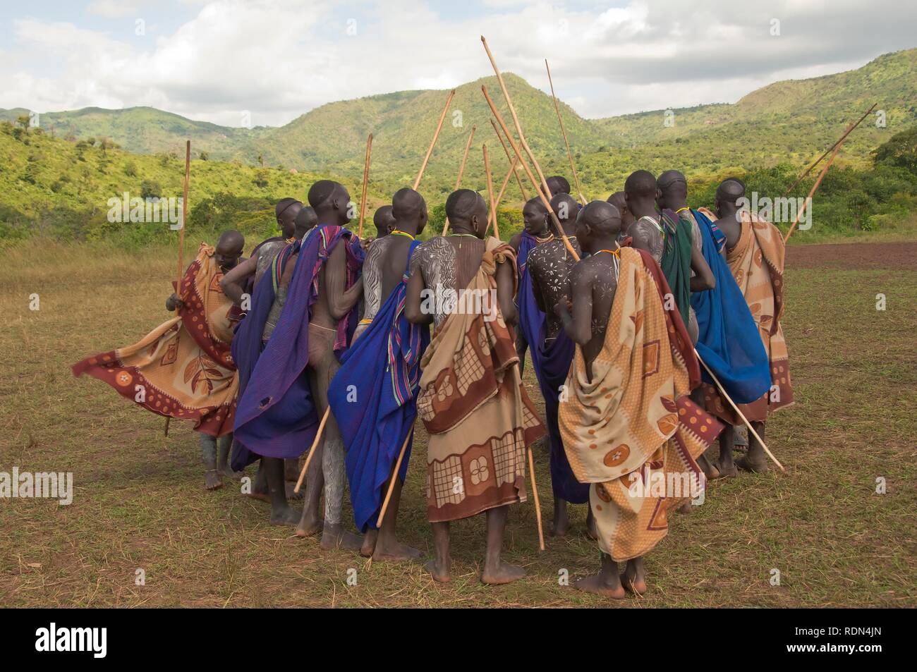 Donga stick fight ceremony, Surma tribe, Tulgit, Omo River Valley, Ethiopia, Africa Stock Photo