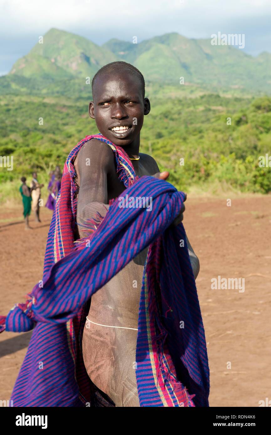 Donga stick fighter, Surma tribe, Tulgit, Omo River Valley, Ethiopia, Africa Stock Photo