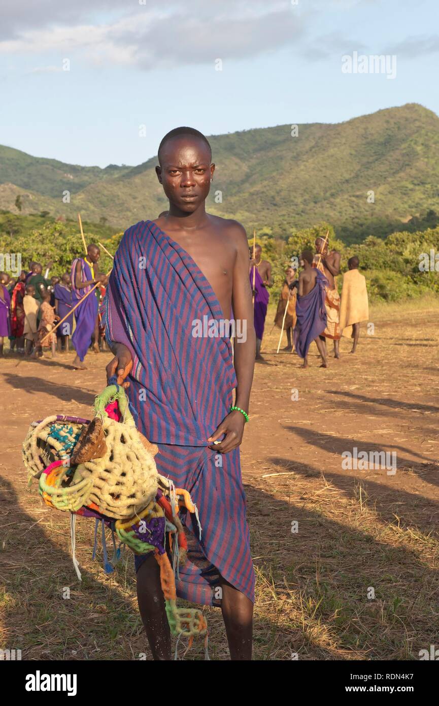 Donga stick fighter, Surma tribe, Tulgit, Omo River Valley, Ethiopia, Africa Stock Photo