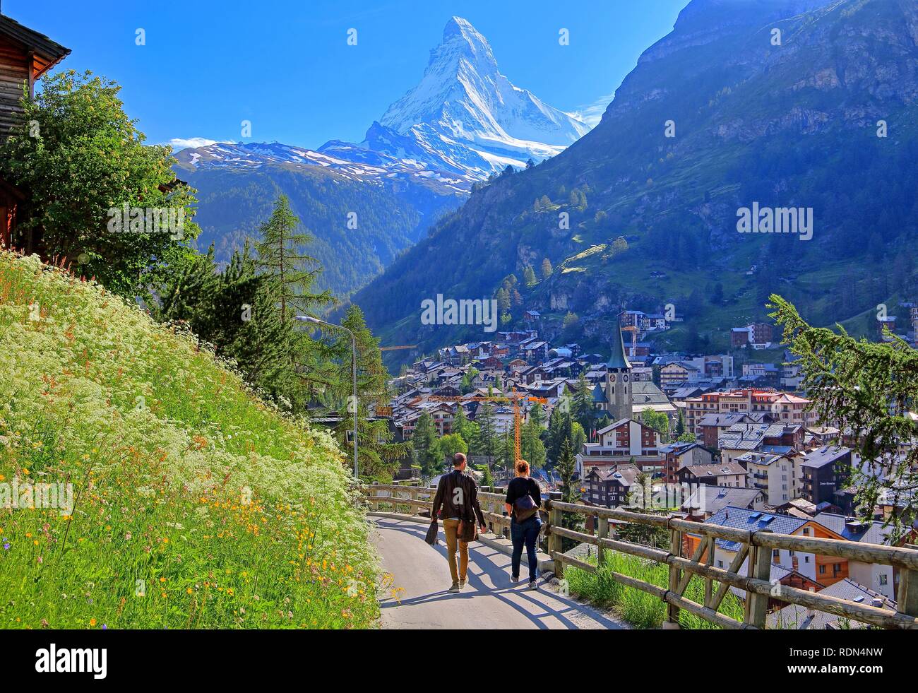 Panorama trail over the village with Matterhorn 4478m, Zermatt, Mattertal, Valais, Switzerland Stock Photo