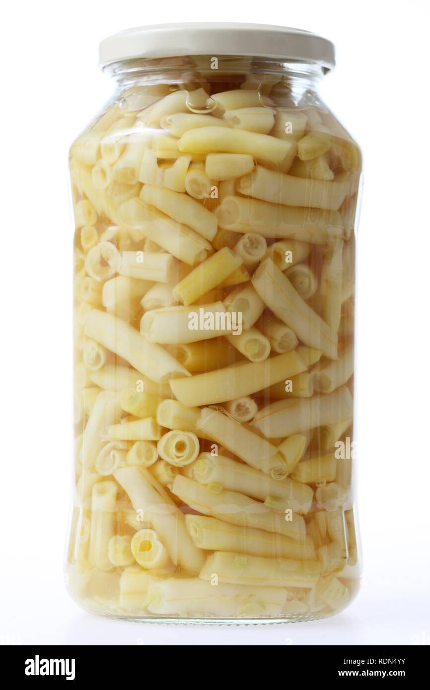 Wax beans, conserved in glass packaging Stock Photo