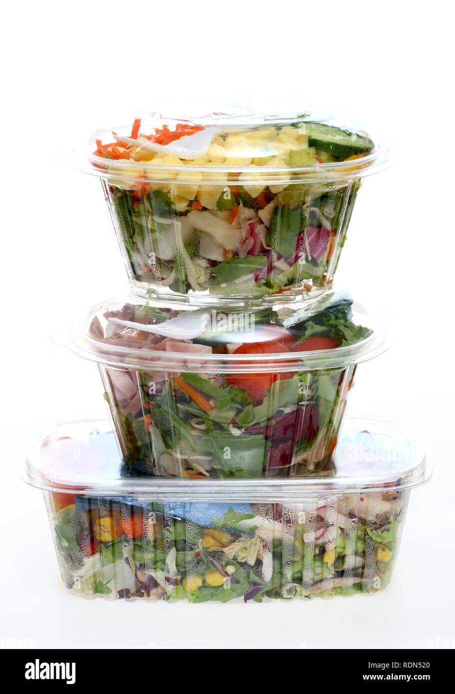 Various salads, packed, for immediate consumption Stock Photo