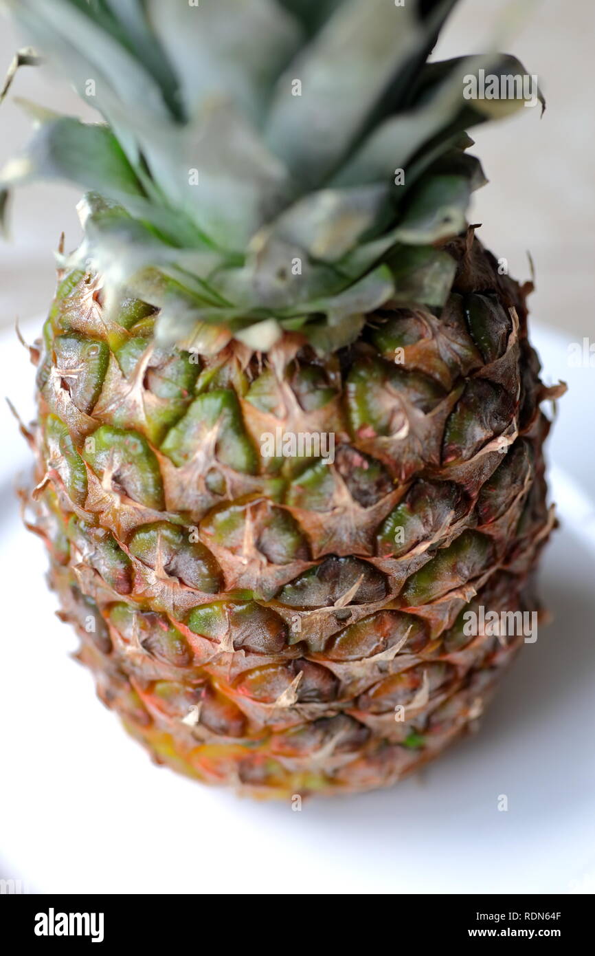 Pineapple white plate single fruit tasty summer spring Stock Photo