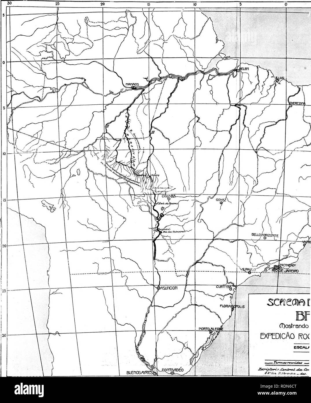 . Through the Brazilian wilderness . Roosevelt-Rondon Scientific Expedition (1913-1914); Zoology. BF CT)osrrando EXFEDICAO ROC 2!fa^pZiirnt&gt; .CentintiZ. .da, Ci^. 30 25 20 10 10 Map forwarded by Lieutenant Lyra, showing the route at the expedition, and the positions of the new river and of the Gy-Parana, and of the upper tributar. Please note that these images are extracted from scanned page images that may have been digitally enhanced for readability - coloration and appearance of these illustrations may not perfectly resemble the original work.. Roosevelt, Theodore, 1858-1919. London : J. Stock Photo