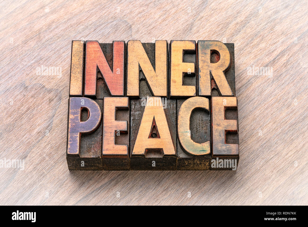 inner peace word abstract  in vintage letterpress wood type printing blocks Stock Photo