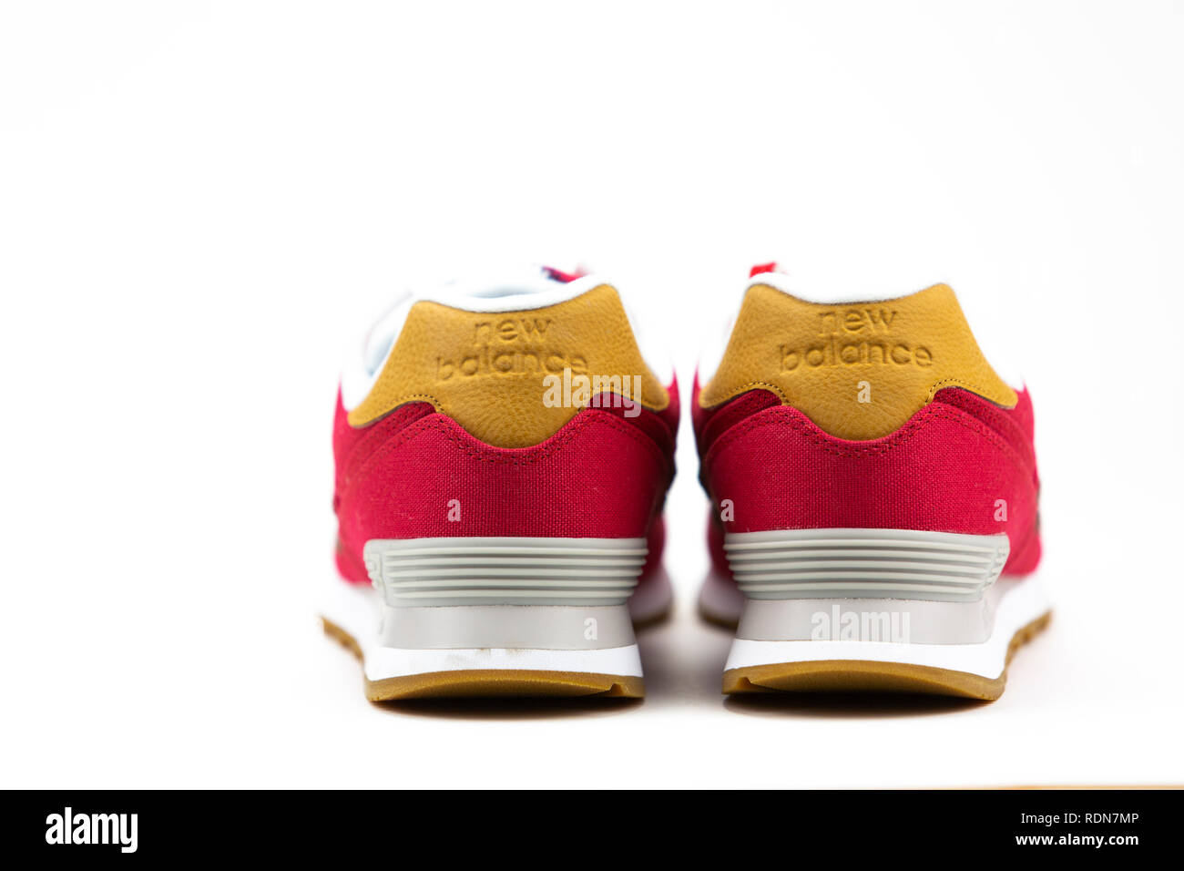 BOSTON, MA, USA, January 2019 New Balance NB 574 athletic shoes on