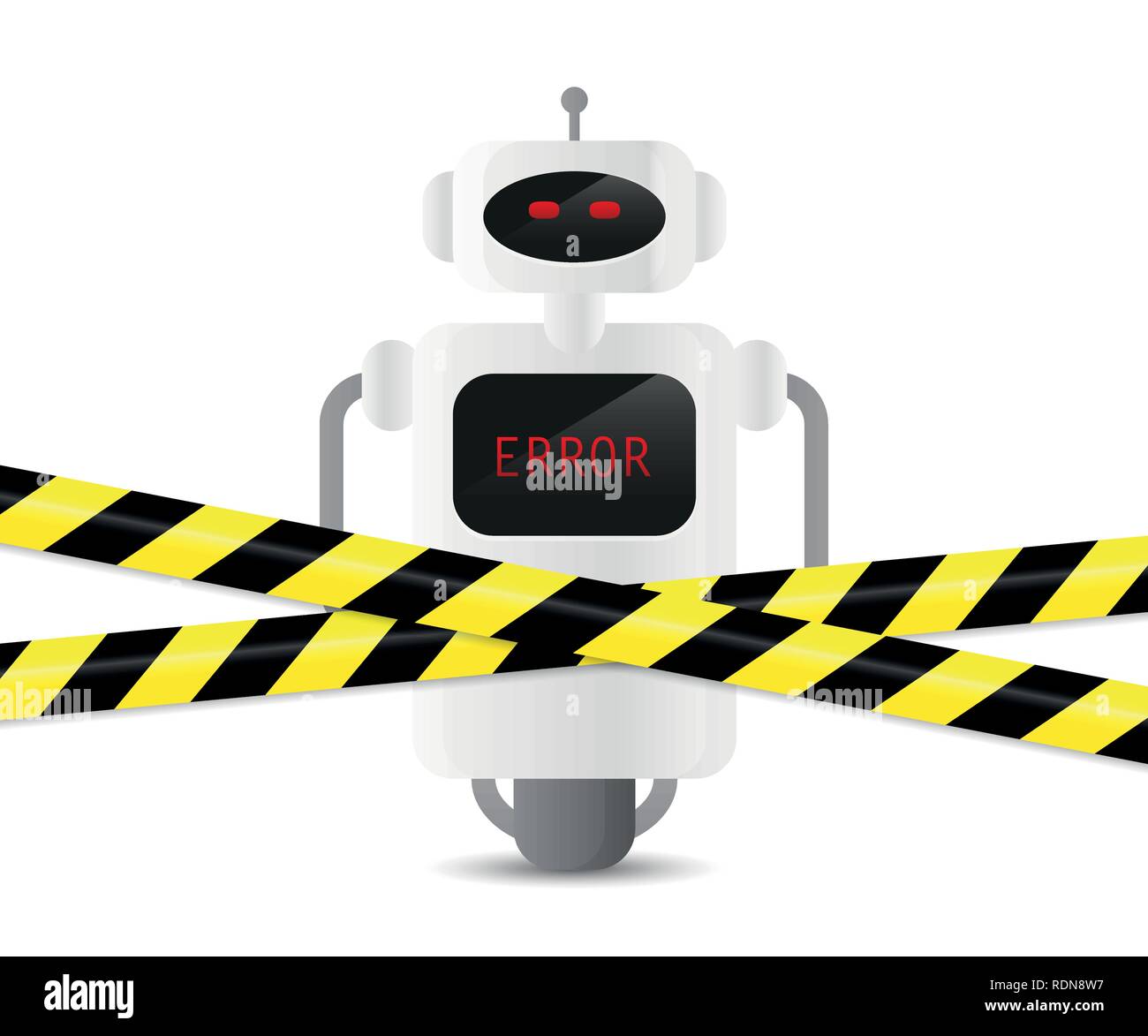 defect robot with error code and warning tape vector illustration EPS10 Stock Vector