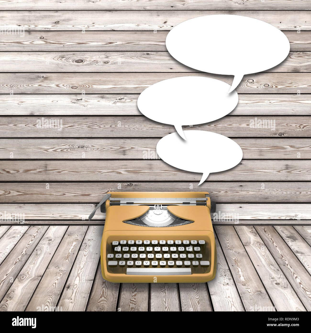 3d illustration rendering of brown typewriter with blank balloon frames on wooden table background Stock Photo