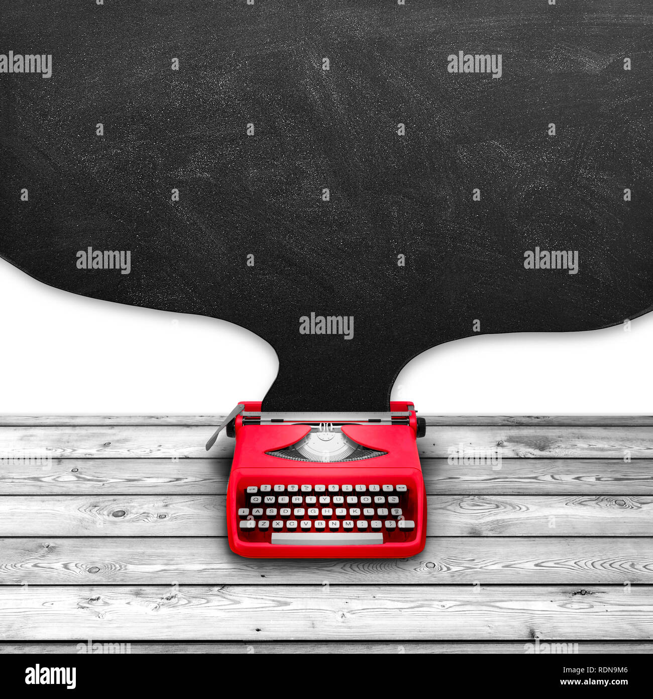 3d illustration rendering of red typewriter with blank blackboard balloon on wooden table Stock Photo