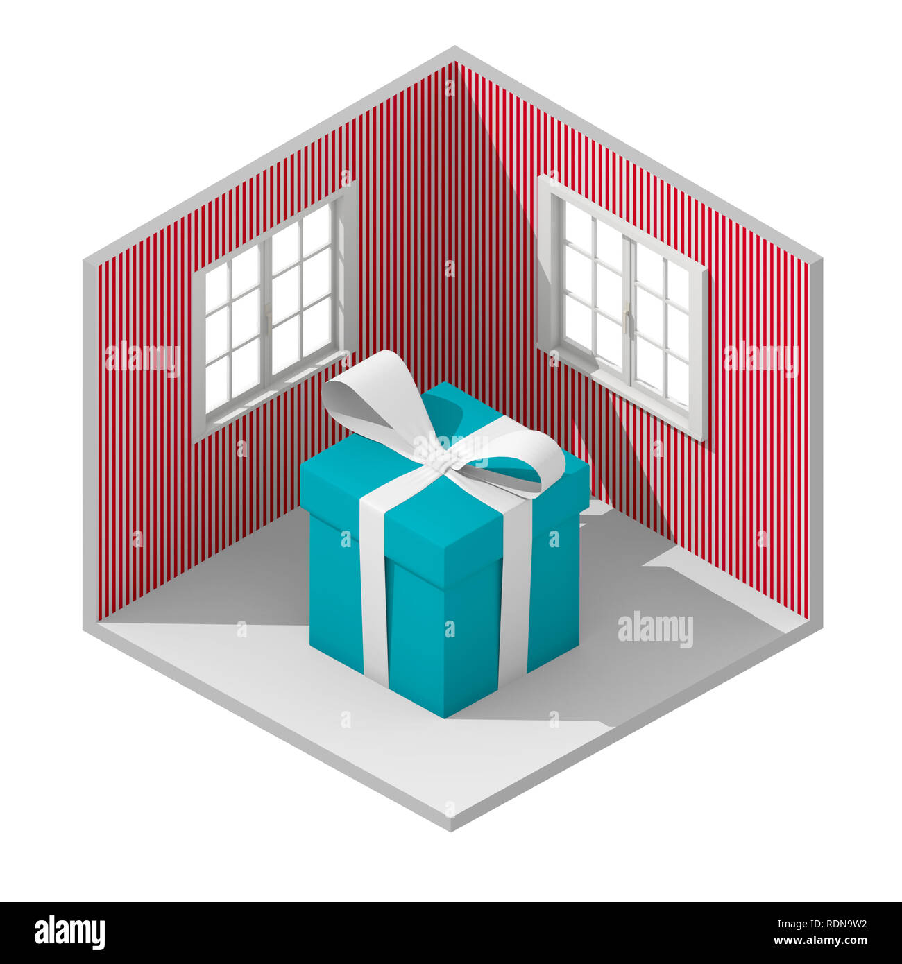 3d isometric rendering illustration of blue gift box in red striped room Stock Photo