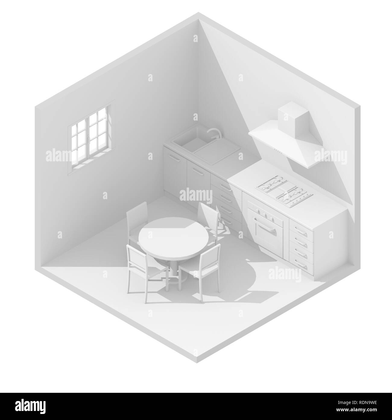 3d isometric rendering illustration of white furnished domestic kitchen Stock Photo