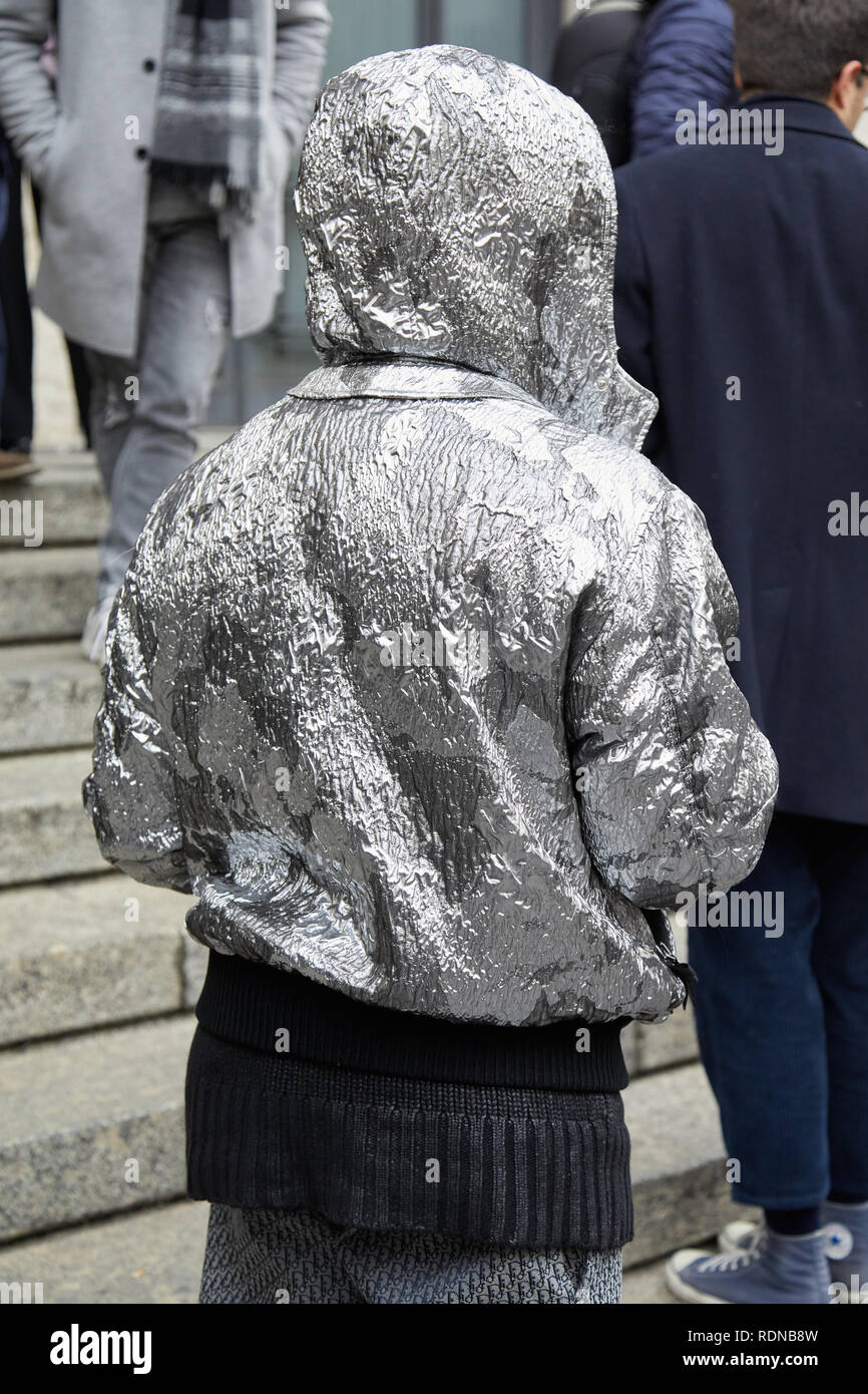 MILAN - JANUARY 14: Man with Alpha Industries blue bomber jacket and red  Louis Vuitton Supreme pouch before MSGM fashion show, Milan Fashion Week  stre Stock Photo - Alamy