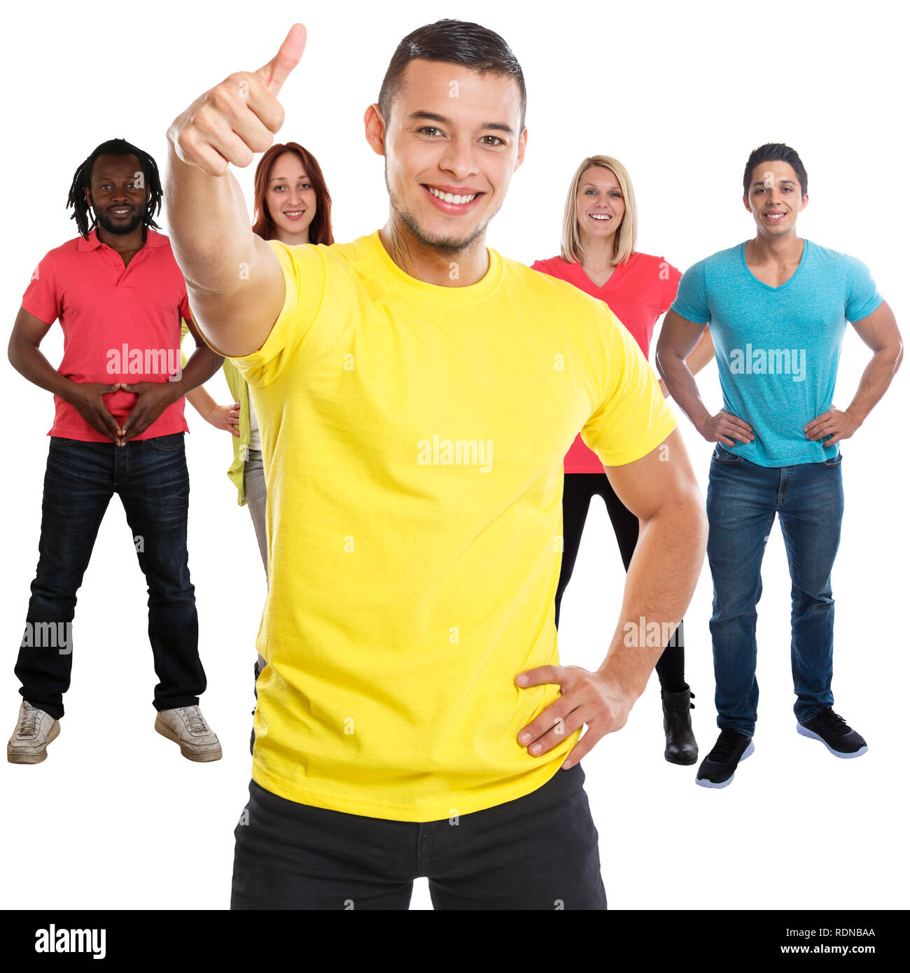 Group of friends success thumbs up successful square young people isolated on a white background Stock Photo