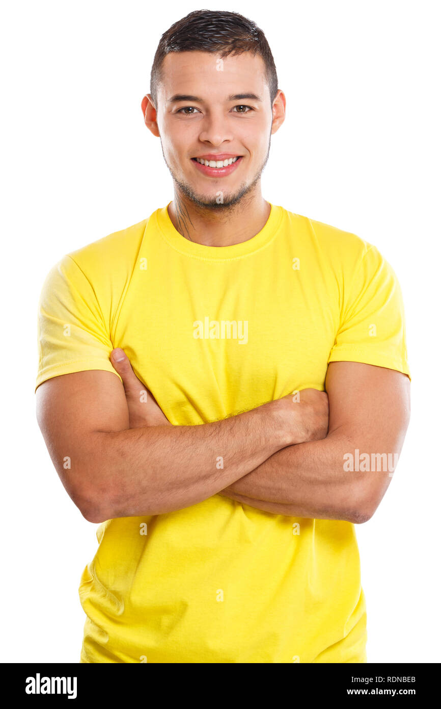 Young man upper body portrait smiling people isolated on a white background Stock Photo