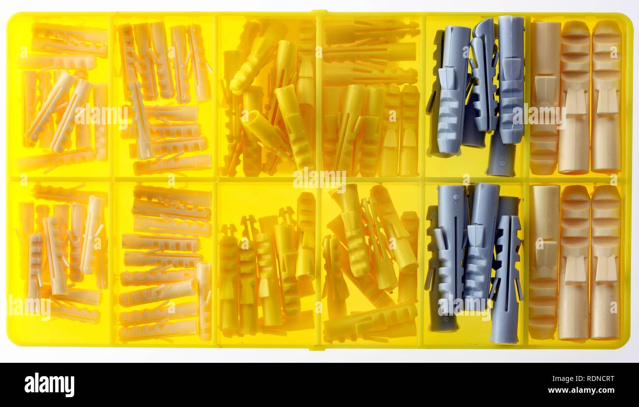 Box of assorted rawl plugs or wall plugs in different sizes, DIY products Stock Photo Alamy