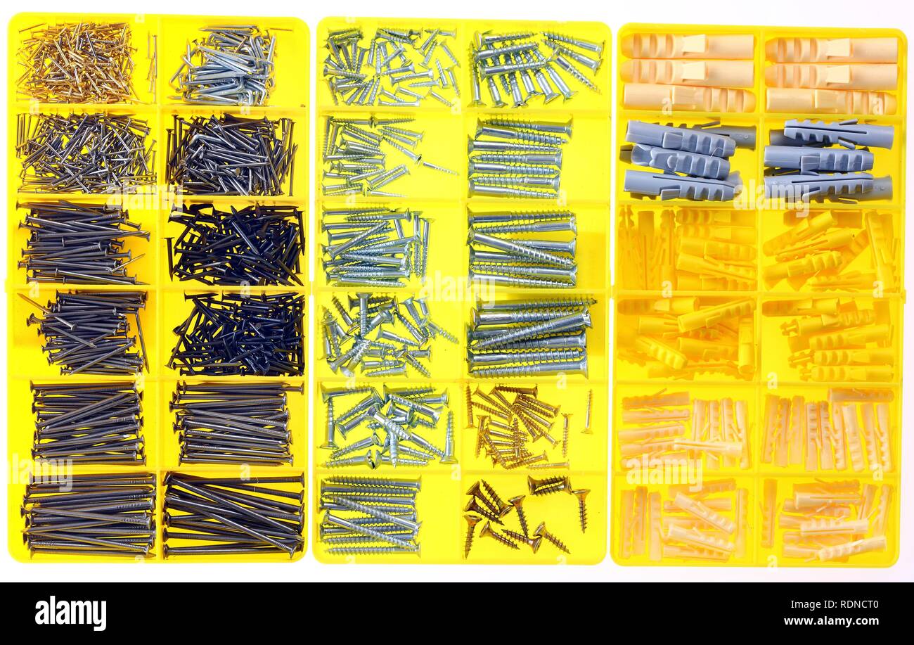 Box of assorted screws, nails, rawl plugs or wall plugs in different