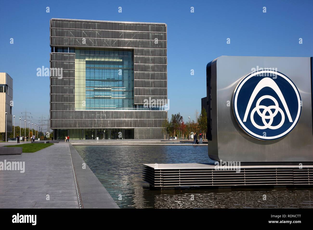 The cube-shaped Q1 building, newly built ThyssenKrupp AG headquarters in the west of Essen, in the so-called Krupp-Guertel area Stock Photo