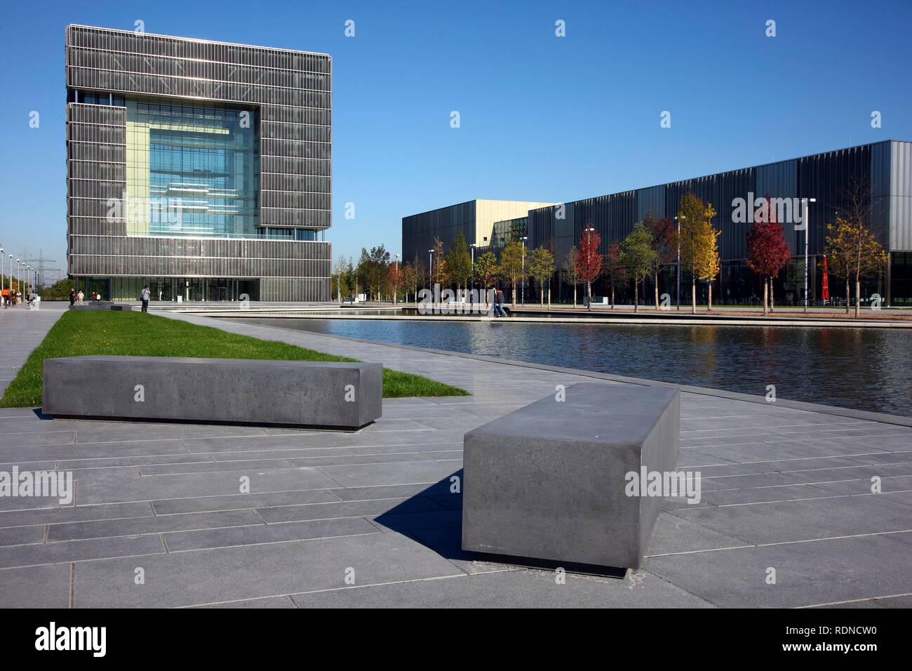 The cube-shaped Q1 building, newly built ThyssenKrupp AG headquarters in the west of Essen, in the so-called Krupp-Guertel area Stock Photo